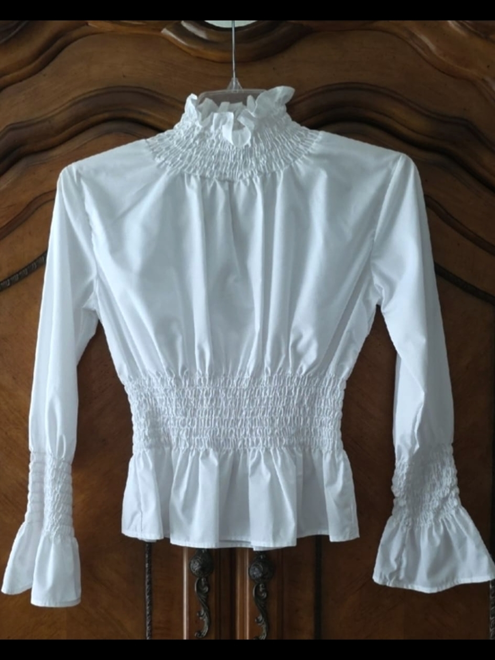 White Smocked Ruffle-Neck Women's Top